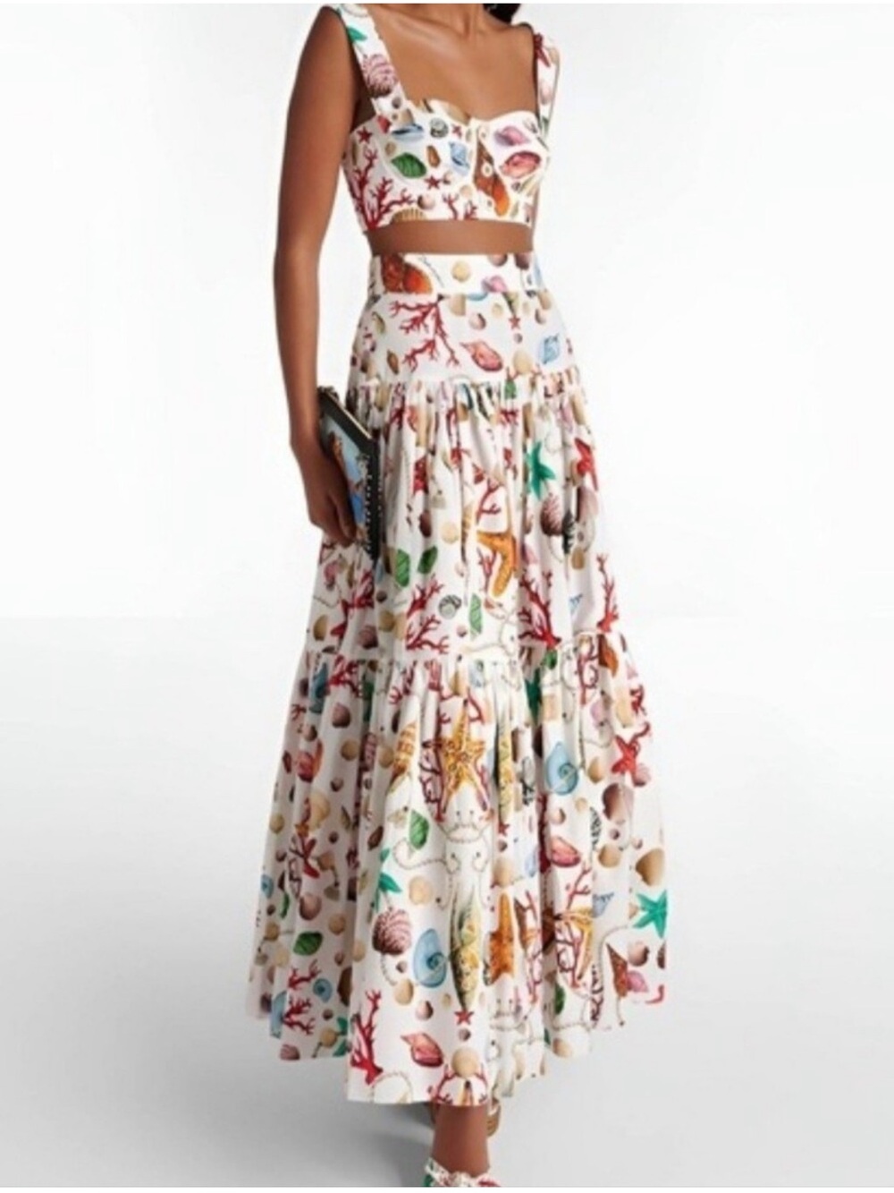 Commense Seashell Coral Print Crop Top Maxi Skirt Set XS